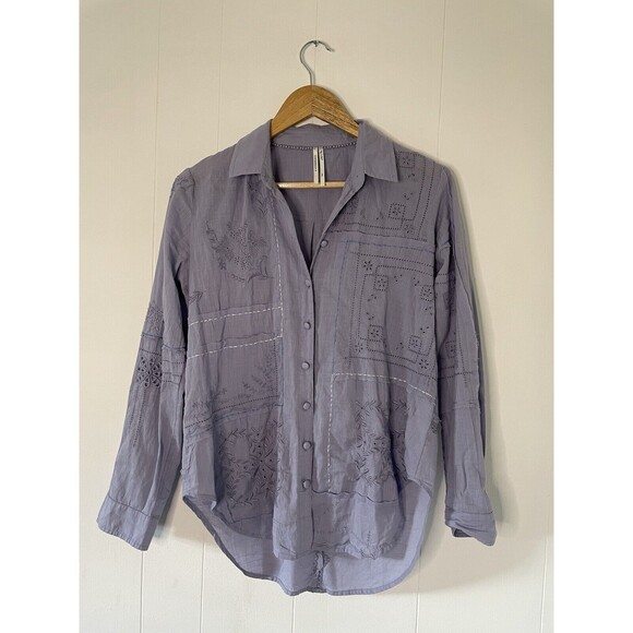 Anthropologie Button Down Embroidered Floral Shirt Cotton Western Boho Blue XXS - Picture 2 of 14